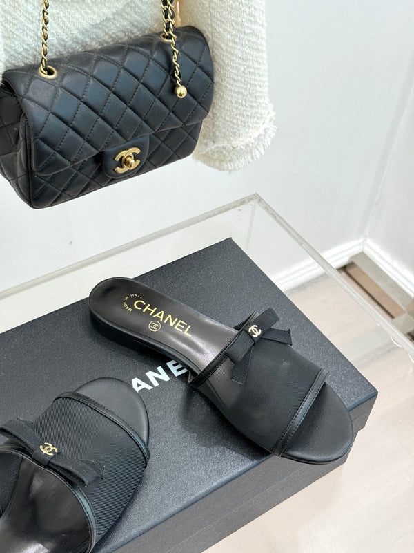 Chanel  26C Double C Bow Slippers Black in Mesh 615711