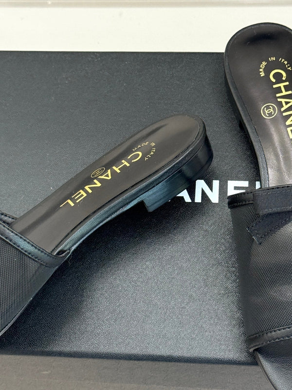 Chanel  26C Double C Bow Slippers Black in Mesh 615711