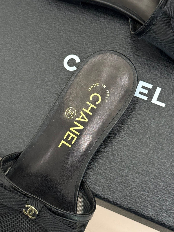 Chanel  26C Double C Bow Slippers Black in Mesh 615711