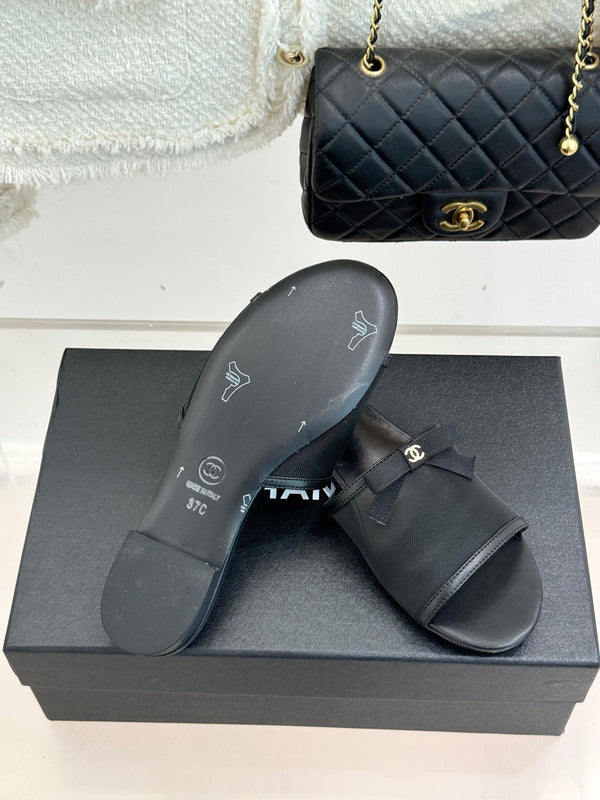 Chanel  26C Double C Bow Slippers Black in Mesh 615711