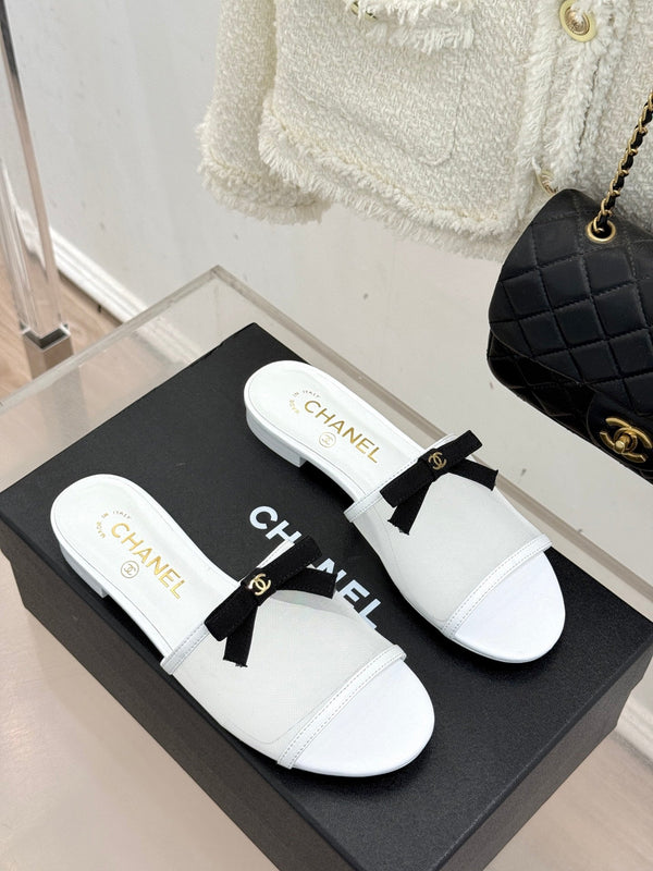 Chanel  26C Double C Bow Slippers White in Mesh 615709