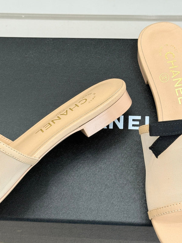 Chanel  26C Double C Bow Slippers Beige in Mesh 615708