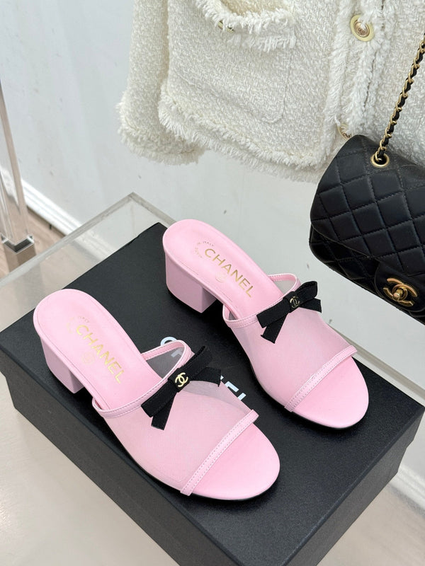 Chanel  26C Double C Bow Slippers High Heel Pink in Mesh 615706