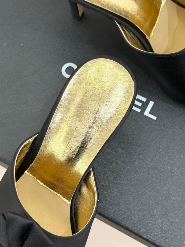 CC 26s Bow Slippers High Heel 75mm Black Satin Sheepskin 615745