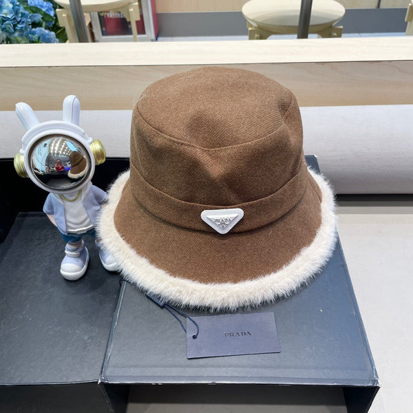 Prada Thickened Warm Fisherman Hat Brown in Bulrush and Cashmere Fiber 125801