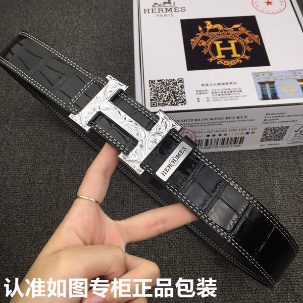 HM Belt 38mm Black Crocodile Leather Sliver Buckle 619362