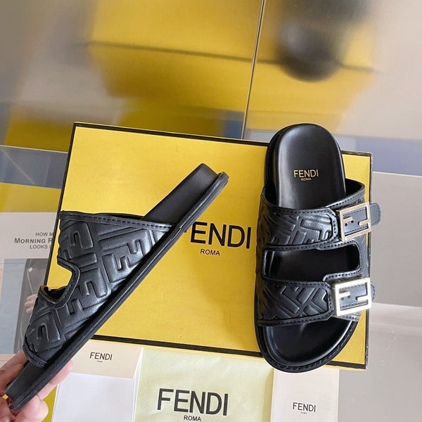 FENDI BAGUETTE DAD SANDALS IN BLACK EMBOSSED CALFSKIN WITH GOLD HARDWARE
