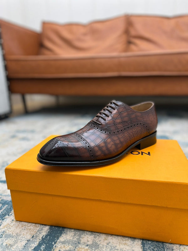 LV LACE-UP SHOES IN BROWN CROCODILE CALFSKIN