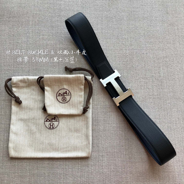 HM BELT BUCKLE & REVERSIBLE BLACK LEATHER STRAP 38MM SILVER HARDWARE