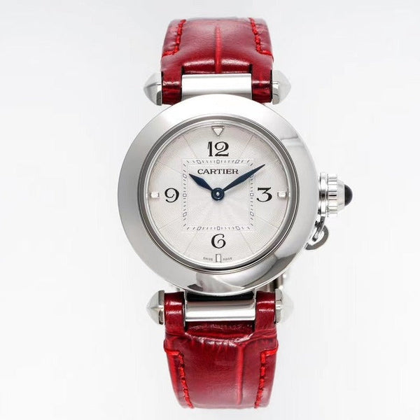 pasha 30mm quartz stainless steel white dial red leather