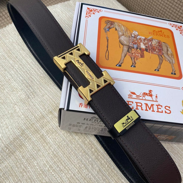 HM Belt 38mm Chocolate Black Cowhide Leather Gold Buckle 619065