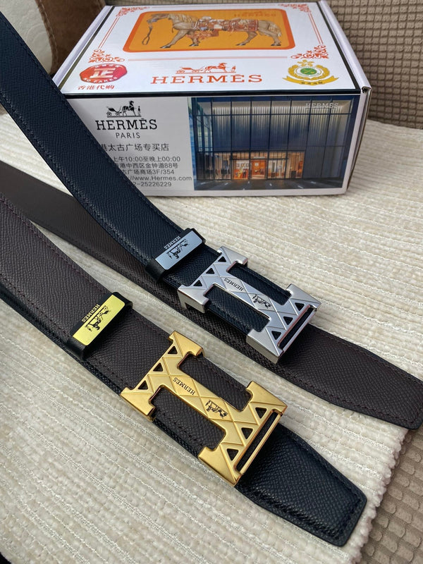 HM Belt 38mm Chocolate Black Cowhide Leather Gold Buckle 619065