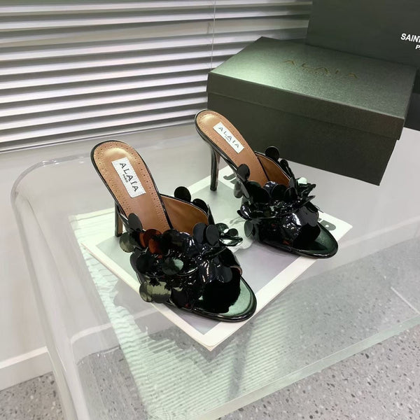 Alaia Confetti Leather Mules Glossy Black Sheepskin Cowhide 293163