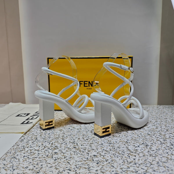 FENDI CHUNKY HIGH-HEELED SANDAL IN WHITE CALFKIN WITH GOLD HARDWARE