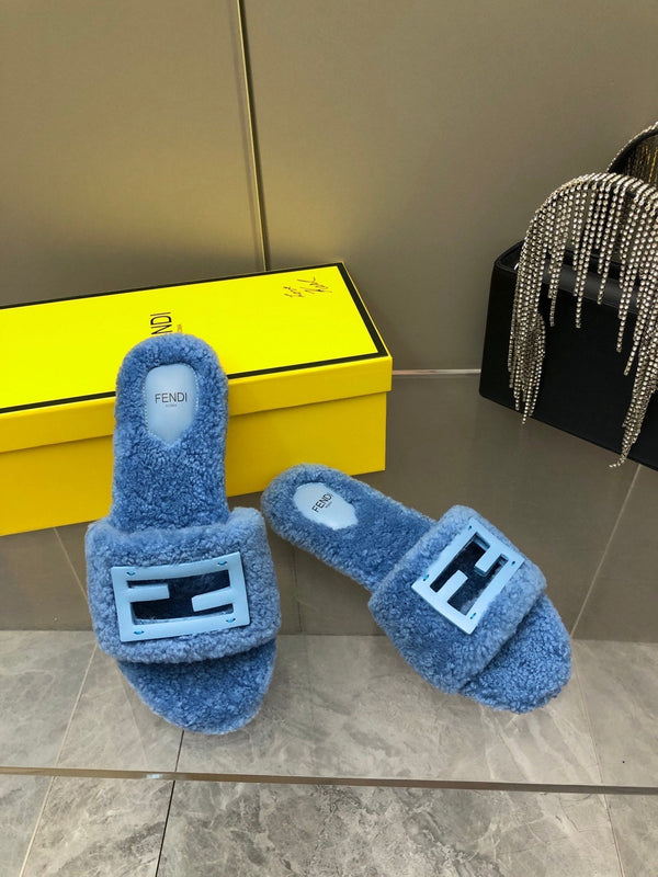 FENDI BAGUETTE SLIDE SLIPPERS IN CERULEAN BLUE WOOL