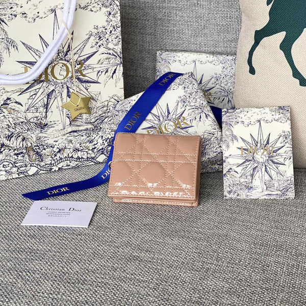 CD Caro 11cm Compact Wallet Shiny Dark Beige Calfskin