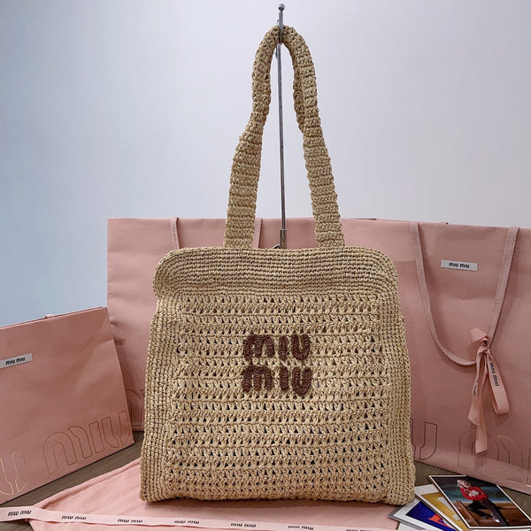 miu tote bag 38cm beige woven fabric