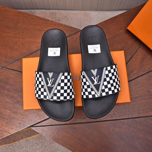LV SLIPPERS IN BLACK MIX WHITE DAMIER CALFSKIN