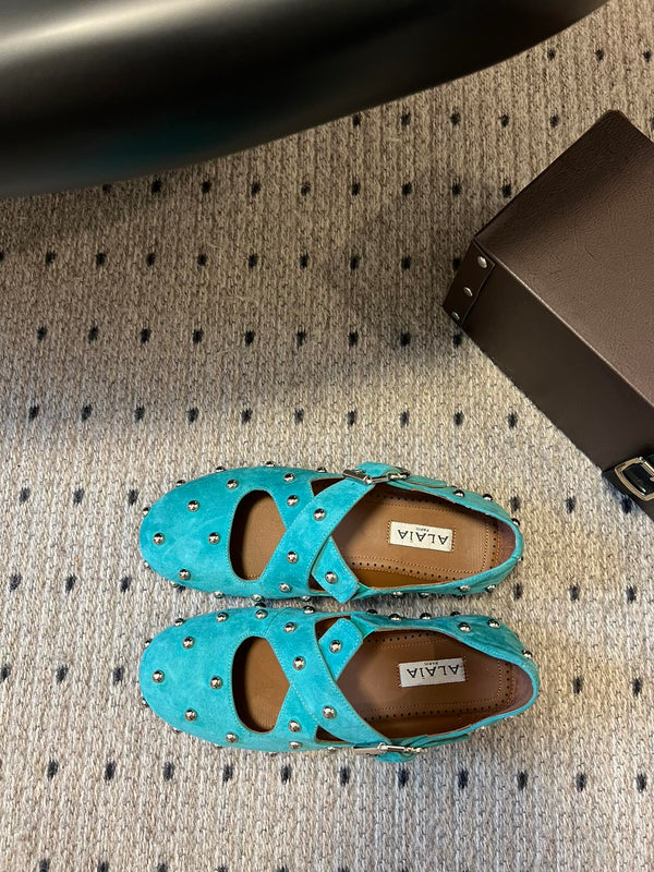 Alaia 25 Criss Cross With Stud Ballet Flats Lagoon Green Suede Sheepskin 303692