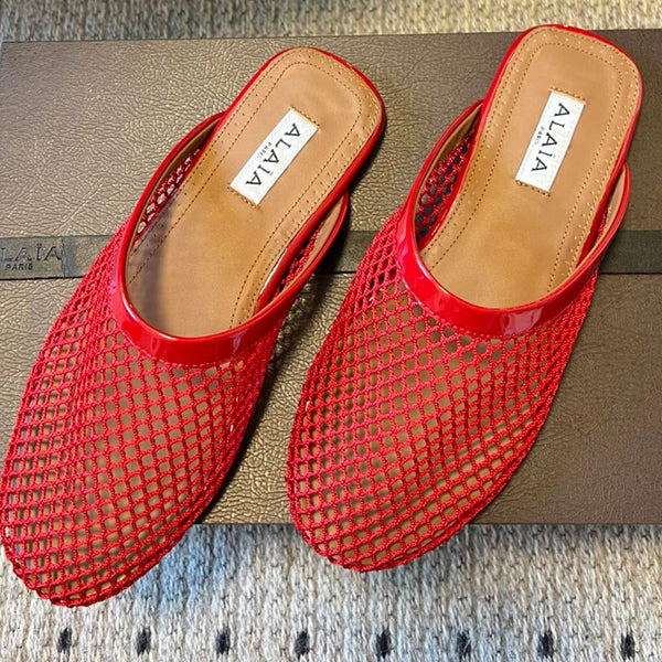 Alaia 25 Fishnet Flat Mules Red Lampskin 303682