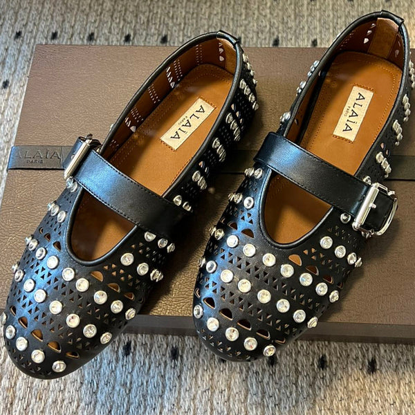 Alaia 25 Vienne With Strass Ballet Flats Black Lambskin 303722