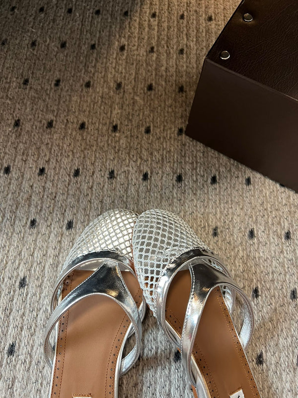 Alaia 25 Infradito Fishnet Flat Mules Silver Lampskin 303712