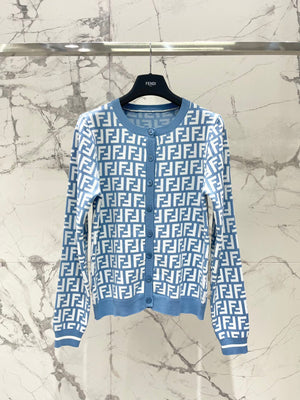 Fendi Double f Letter Knitted Cardigan Steel Blue Wool