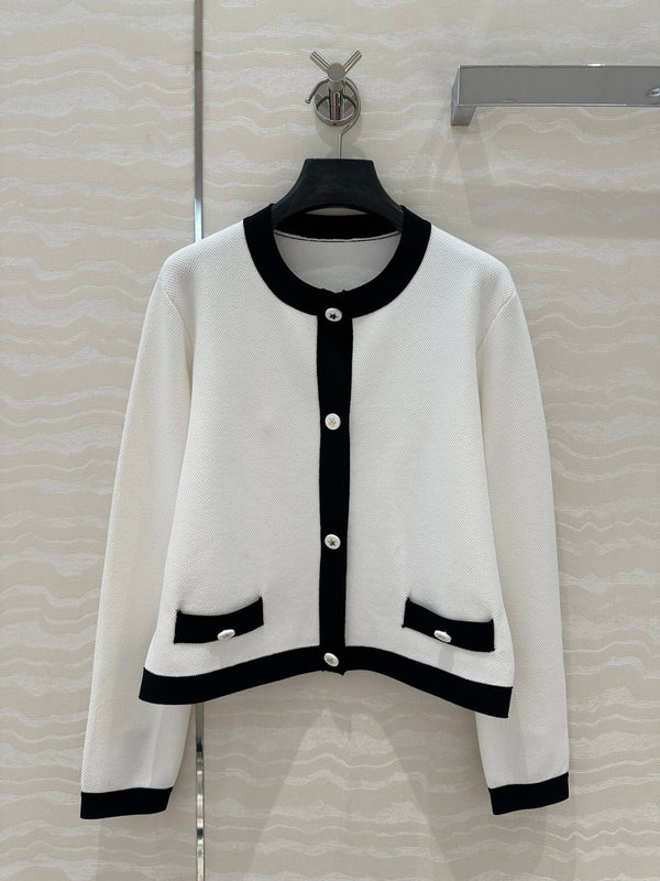 CD Round Neck Cardigan Jacket White Wool Cotton