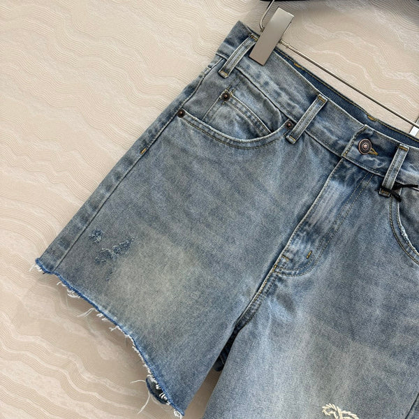 Celine Logo Embroided Denim Short Light Blue Cotton