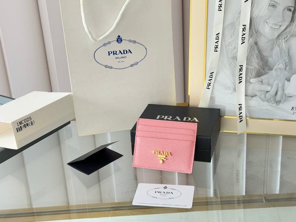 Pra Gold Logo-Stamp Card Holder Pink Saffiano Leather