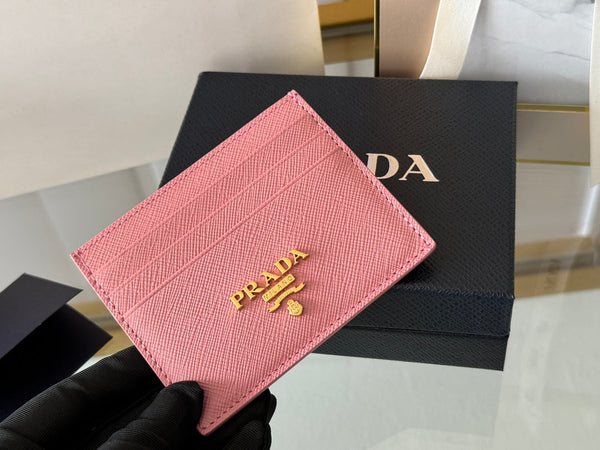 Pra Gold Logo-Stamp Card Holder Pink Saffiano Leather