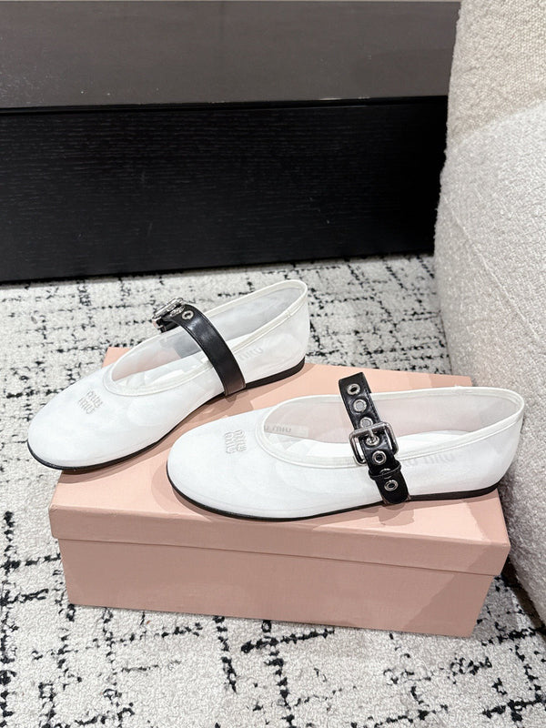 Miu Mary Jane Flat White Mesh Fabric