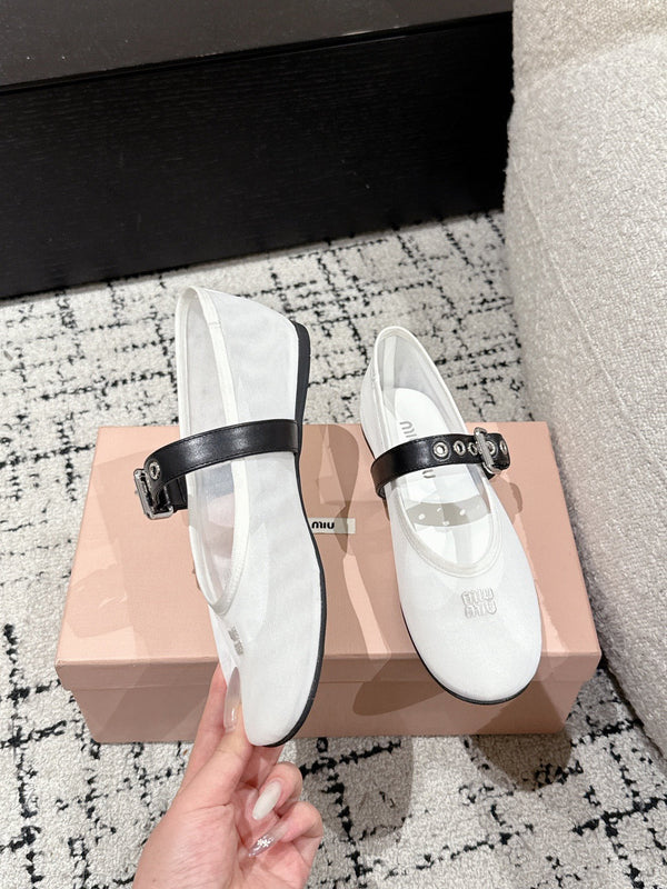 Miu Mary Jane Flat White Mesh Fabric