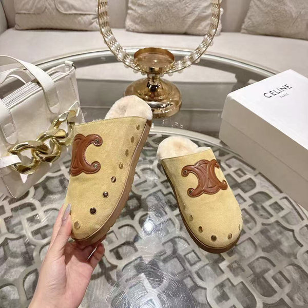 Celine 25 Rivet Birkenstock Slippers Beige Suede Shearling