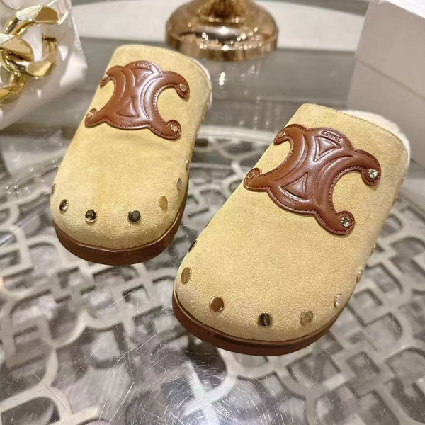 Celine 25 Rivet Birkenstock Slippers Beige Suede Shearling