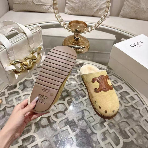 Celine 25 Rivet Birkenstock Slippers Beige Suede Shearling