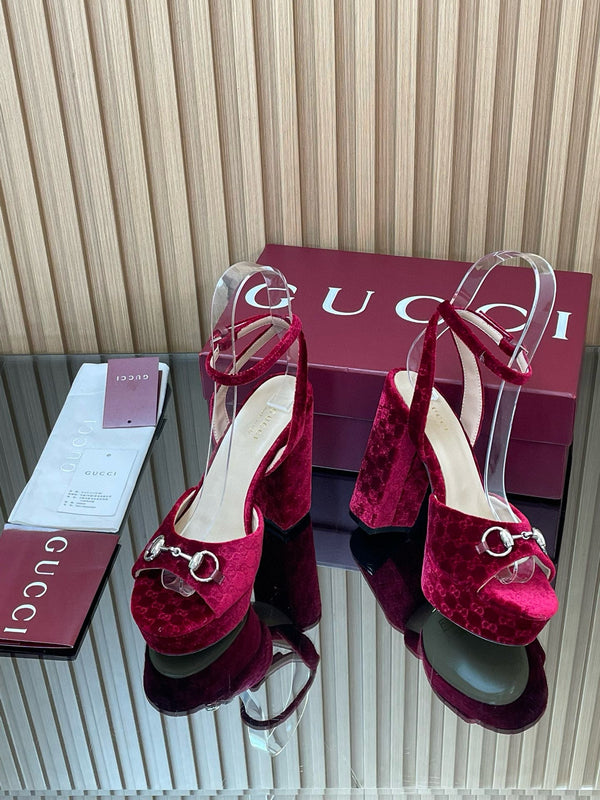 GG Horsebit Platform Sandals 15cm High Heel Red Velvet