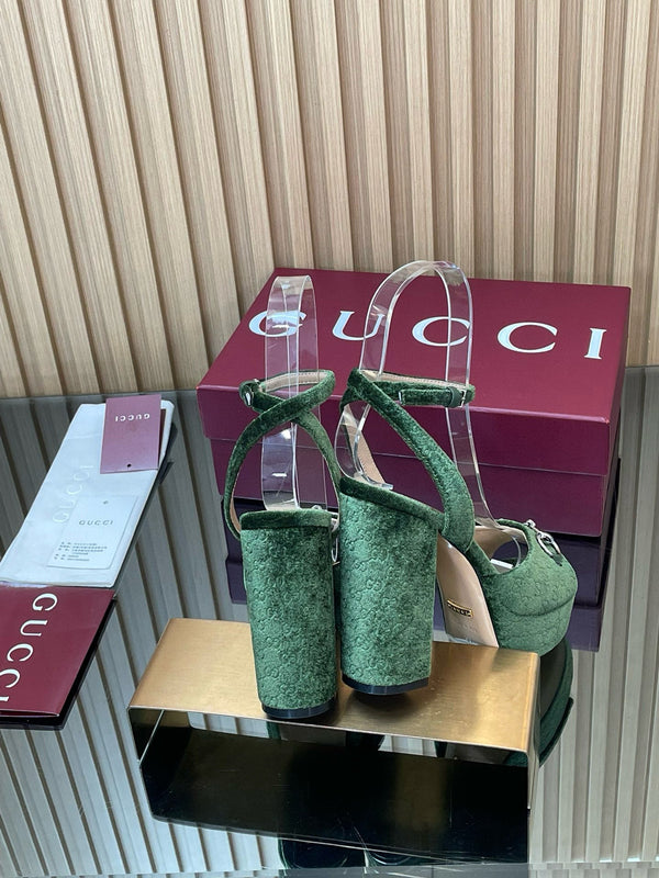 GG Horsebit Platform Sandals 15cm High Heel Green Velvet