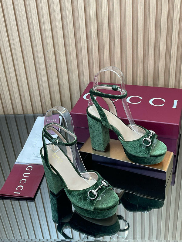 GG Horsebit Platform Sandals 15cm High Heel Green Velvet