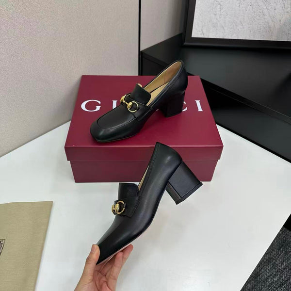 Gucci 2025 Lady Horsebit Loafer Pump Black Gold Leather