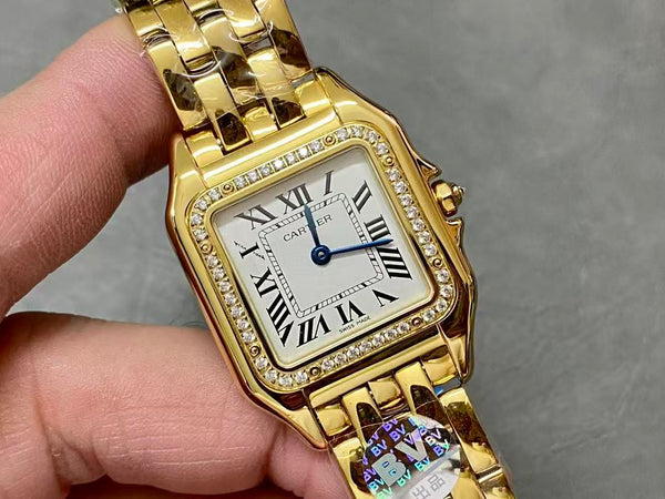 Cartier Panther 27mm Gold Case Diamond Bezel White Dial