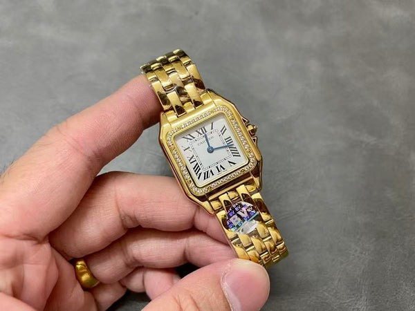 Cartier Panther 27mm Gold Case Diamond Bezel White Dial