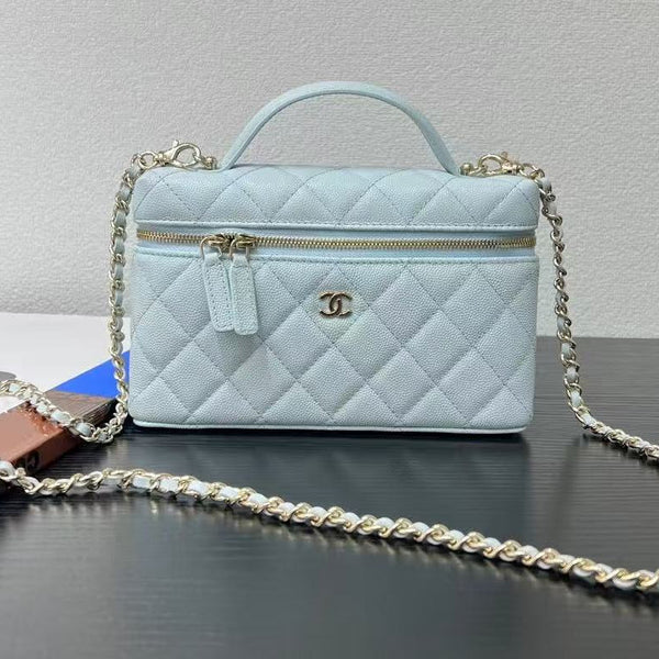 Chanel Top Handle Vanity With Chain Light Blue Caviar Leather