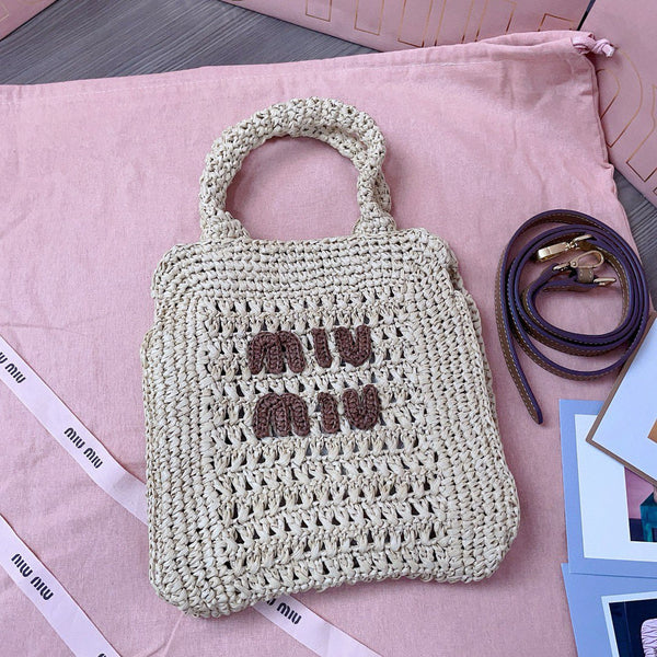 Miu Miu Tote Woven Bag Beige mix Brown Raffia