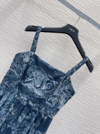 CD 25 Print Suspender Skirt Light Gray and Navy Blue Polyester