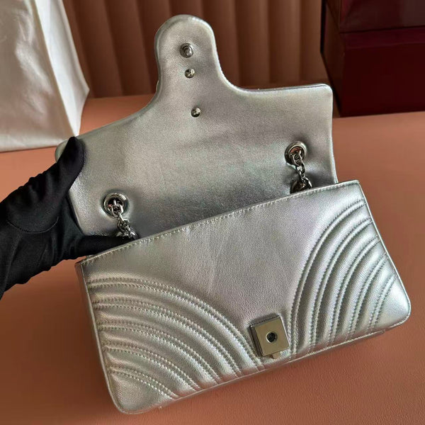 GG Marmont Small Shoulder Bag Metallic Silver Leather