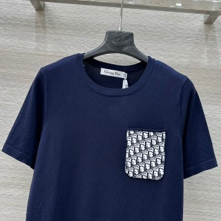 CD 25 Knitted Short-sleeved Top Blue and White Cotton