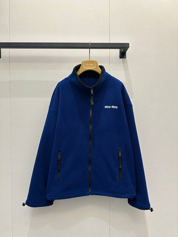 Miu Embroidered Fleece Hooded Zip-Up Jacket Dark Blue Cashmere 346106