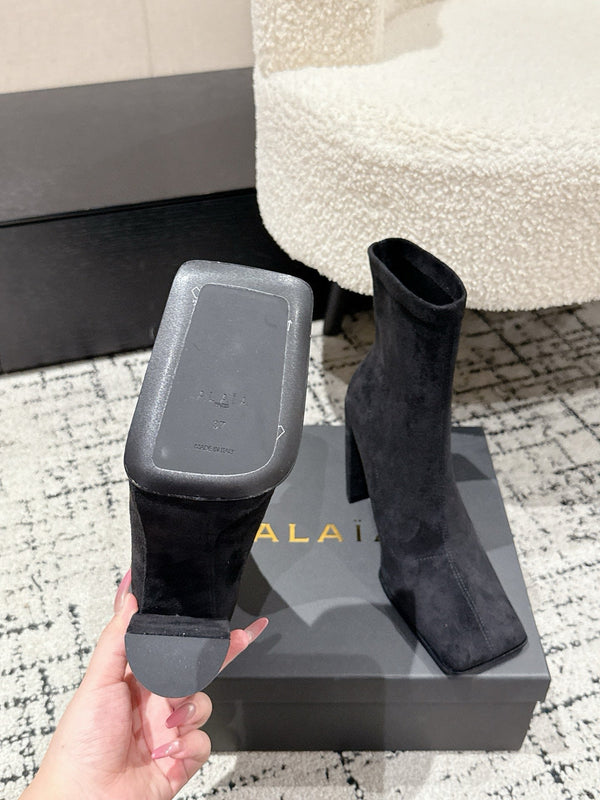 Alaia 2025 Square Toe High Heeled Ankle Boot Black Suede 558668
