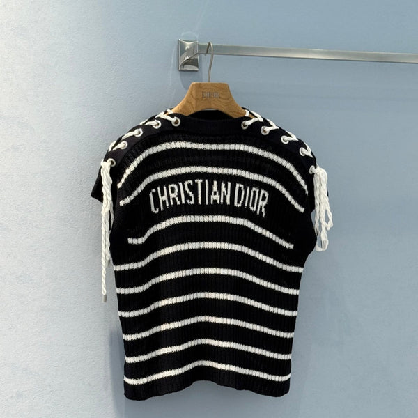 CD 25 Striped One-shoulder Knitted Short-sleeved Top Black Cotton